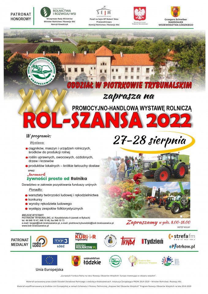 Kolorowy plakat z informacjami zawartymi w artykule oraz zdjęciami budynku z jasną elewacją i pomarańczowym dachem oraz maszyn rolniczych i roślin.