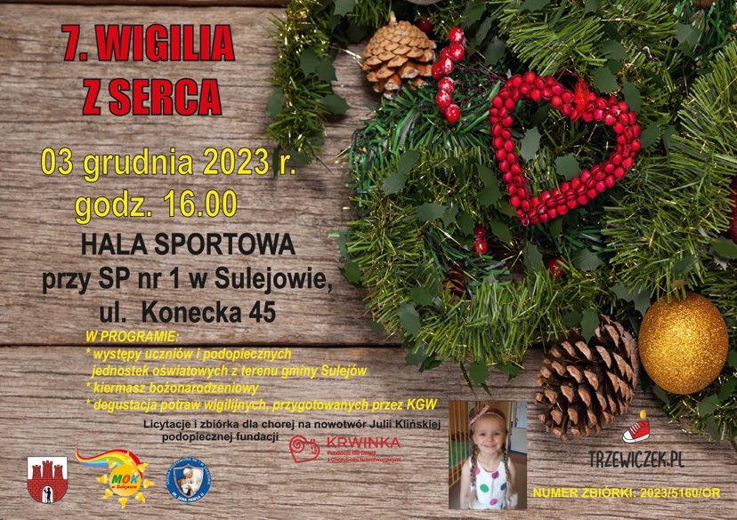 Plakat informacyjny ze zdjęciami uśmiechniętej dziewczynki i świątecznego stroika.